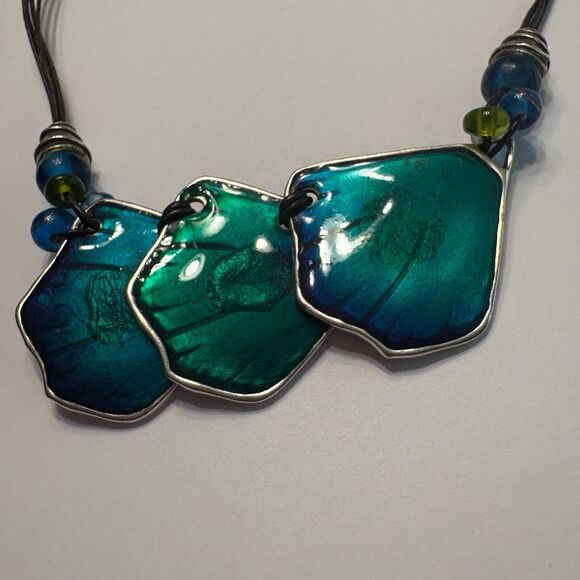 Chico’s Women’s Black Rope with Silver Blue Green Pendant Necklace - Picture 5 of 9